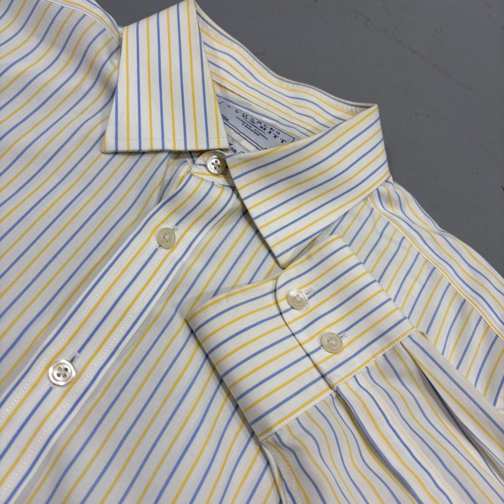Charles Tyrwhitt Non-Iron Slim Fit Dress Shirt 16.5/34 Yellow Blue Stripe Mens